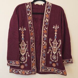 Soft Surroundings "Bella Topper" Embroidered Open Front Burgundy Jacket